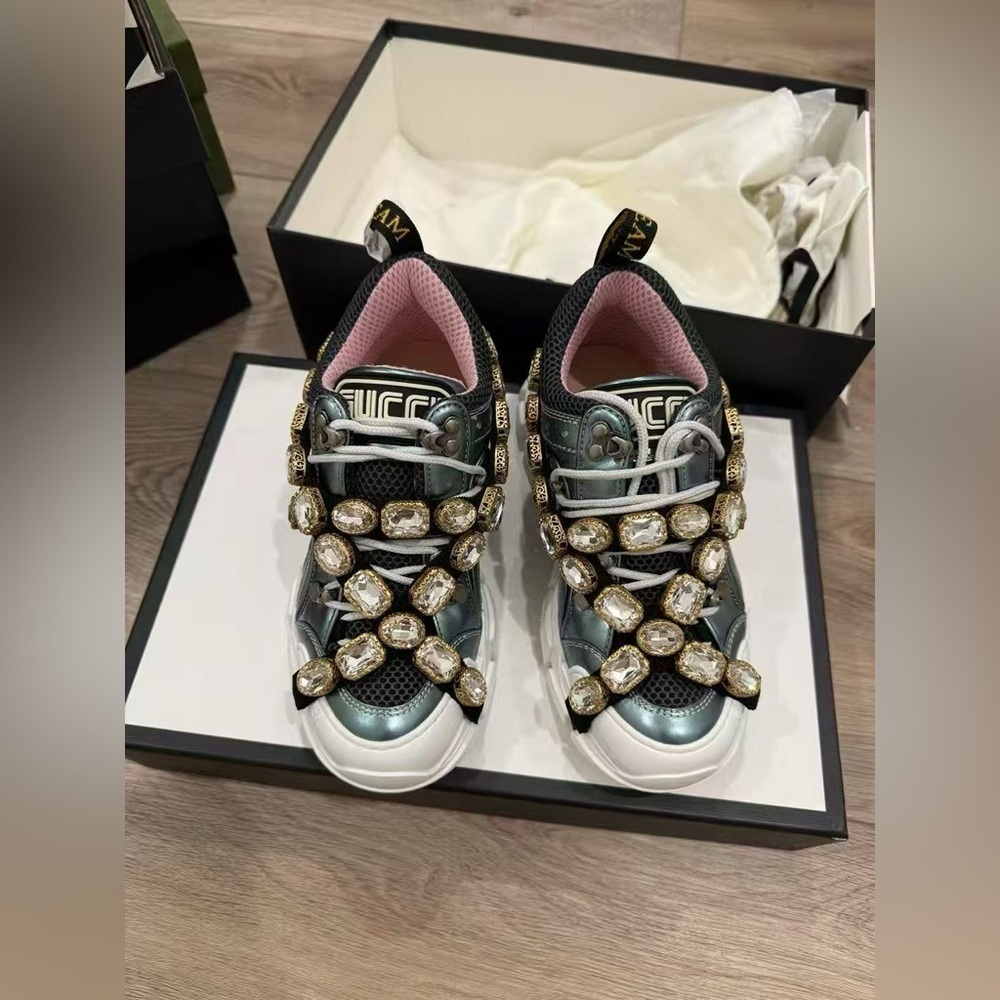 Gucci Tricolor Leather and Mesh Flashtrek Reflective Lace Up Sneakers 35.5 NIB